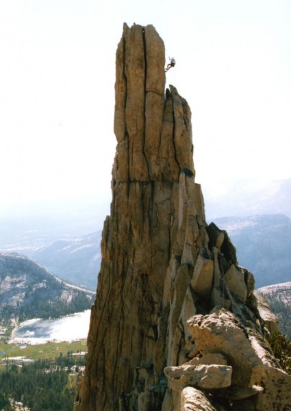 RD Caughron rappelling from Eichorn's Pinnacle, Cathedral Peak.