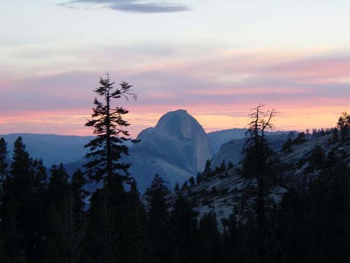 Half Dome sunset view from Olmstead Point in Tuolumne.