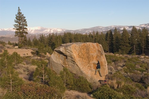 Chris Ewing on the Momma Cat boulder off Highway 88 at Woodfords.