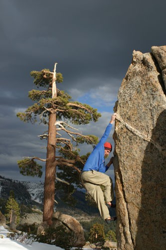 Kevin Swift on a V1 Arête at Grouse Slabs near Donner Summit. 
