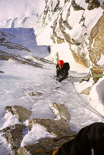 Joe Puryear following on the North Couloir of the Mini-Moonflower.