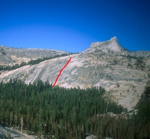 East Cottage Dome - Liposuction 5.11a - Tuolumne Meadows, California USA. Click to Enlarge