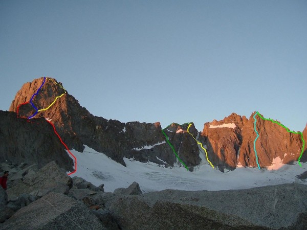 The Palisades climbs. From left to right in blue line = Swiss Arete of...