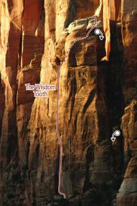 East Temple - The Wisdom Tooth II 5.10 A0 - Zion National Park, Utah, USA. Click to Enlarge