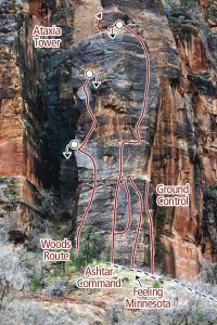 Ataxia Tower, Tunnel Wall - Woods Route II 5.11 - Zion National Park, Utah, USA. Click to Enlarge