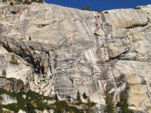Mountaineers Dome - Vice Gripped 5.10c R - Tuolumne Meadows, California USA. Click to Enlarge