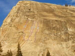Lembert Dome, Right - Left Water Crack 5.7 R - Tuolumne Meadows, California USA. Click to Enlarge