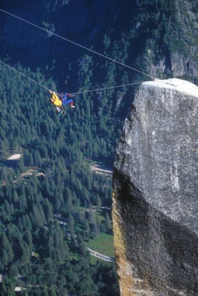 Starting the Tyrolean traverse.