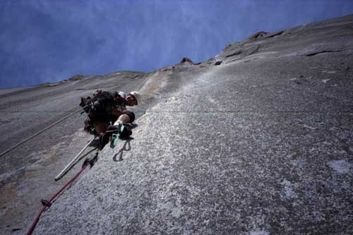 Matt Stanley starting up Pitch 5 with endless steep granite above.