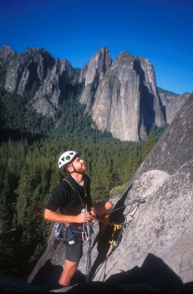 Chet Moritz at belay 2 with Cathedral Rocks behind.