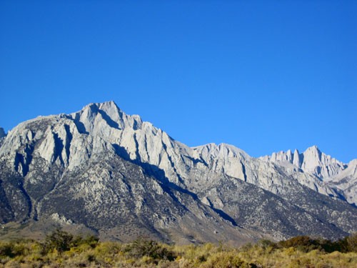 the view from Whitney Portal Rd. Lone Pine Peak dominates the photo wi...