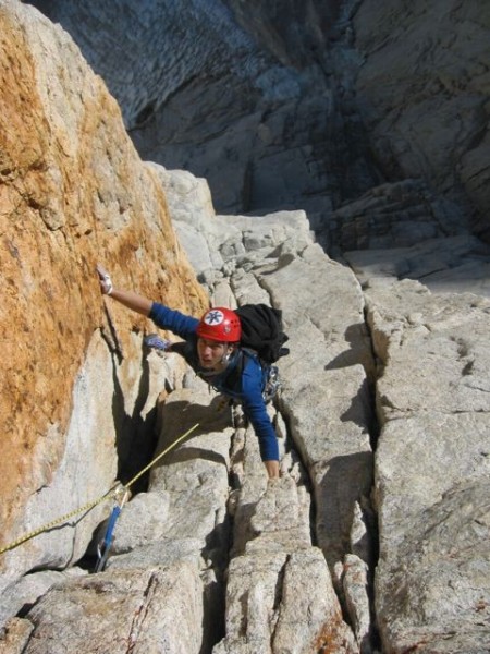 Eric Volz following Pitch 3 of the Harding Route, Keeler Needle wearin...