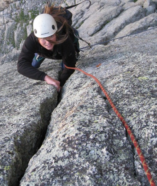 Elle on the FA of Dulce de Lady II 5.9, Cathedral Cirque, Wind Rivers.