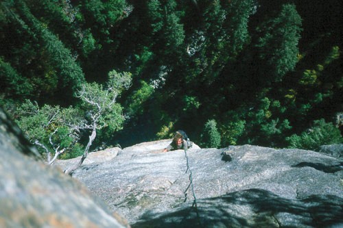 Daniel Hentzschel on face moves after the crux 5.9 roof on the second ...