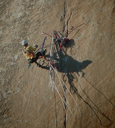 A climber hauling at belay 12 on The Shield. This is an example of a g...
