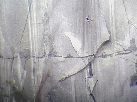 A climber jumaring the Nipple Pitch, pitch 10 of the Zodiac. This pitc...