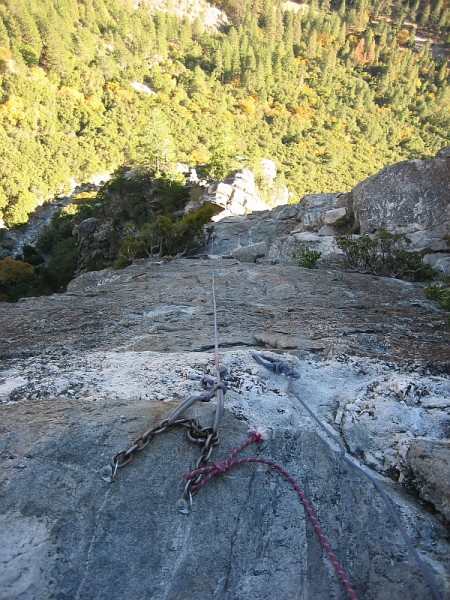 View down from top anchor of Western East Ledges Rappel route. 
Fixed...