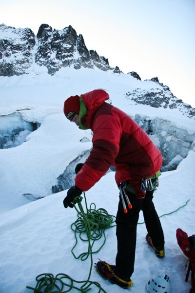 Amos Swanson gearing up on the glacier.