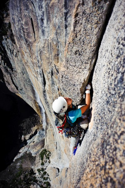 Enmore Lin on the exposed last pitch of Lost Arrow Spire tip.
