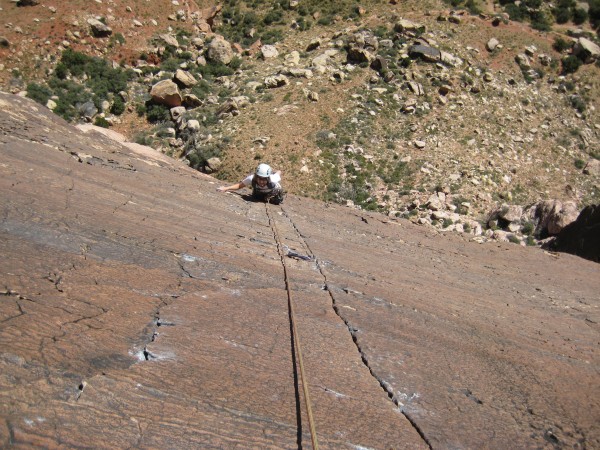 Jess approaching the crux finger crack on P5.  Yeah, I got in trouble ...