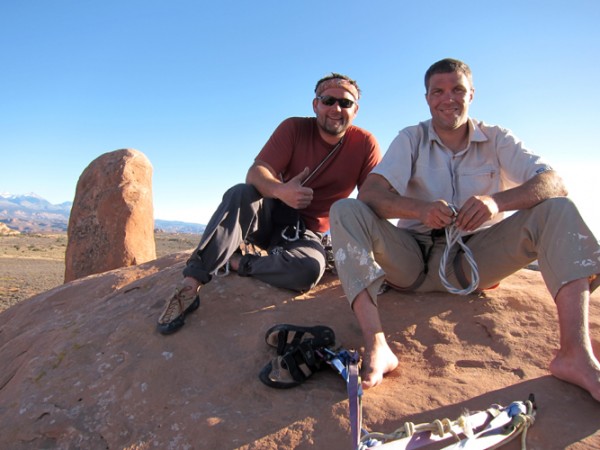 Tom and Stoney on Tonka Tower, Arches NP.