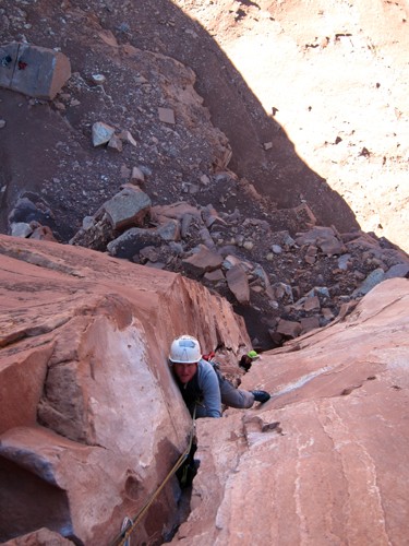 Paul Roderick and Whitney Wolff on p1 of Castleton's north chimney.