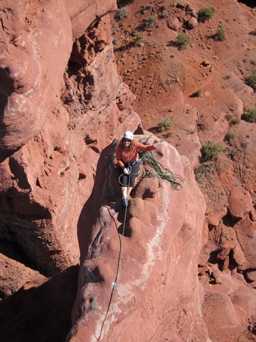 Lisa belaying me on the summit pitch from the Sidewalk on Ancient Art.