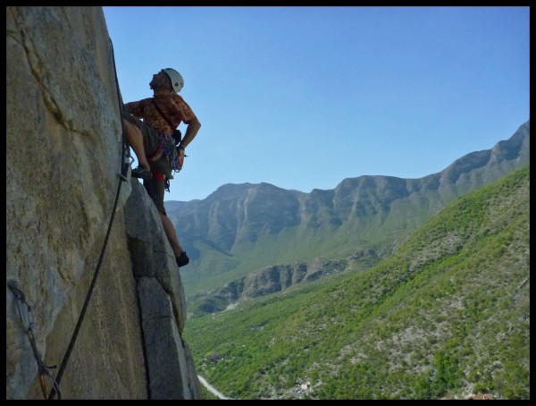 Climber on the classic 5th pitch of Snot Girlz