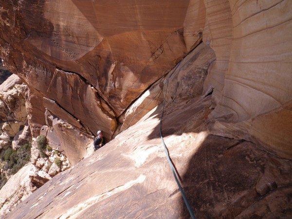 Part of the way across the fourth pitch traverse