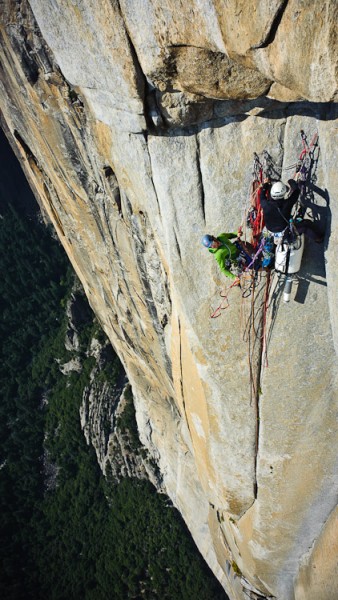 Looking down at a solid 900m of air. Belay under the headwall roof.