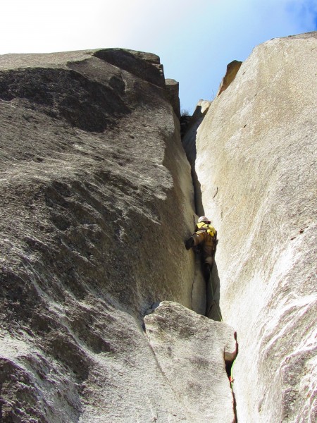 Jeff on midterm 5.10b, fingers to chimney pitch