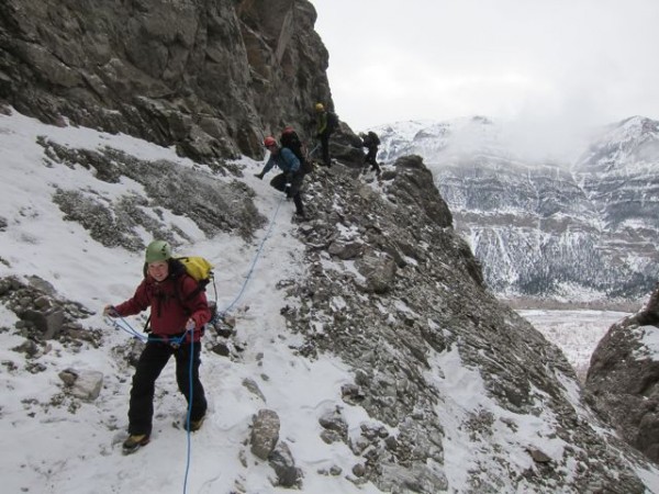 On the slick traverse to the climb