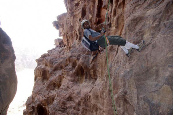 The last of 5 rappels to descend off Jebel Khazali, Wadi Rum, Jordan ...