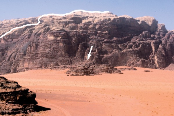 The upper section of Sabbah's Route on Jebel Khazali, Wadi Rum, Jordan