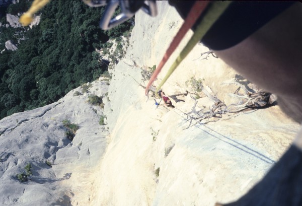 Looking down the first Luna Bong abseil. The trees below are on the Te...