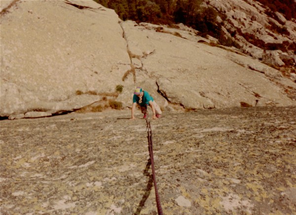 Bronwen on one of the slab pitches to the summit. Our descent followed...