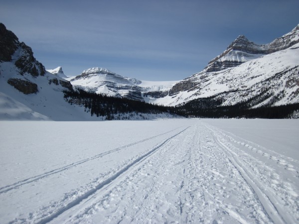 Crossing Bow Lake to get to Bow Falls - 4/9/12