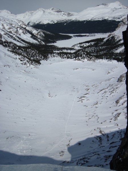 Tracks in the snow with Bow Lake in the distance - 4/9/12