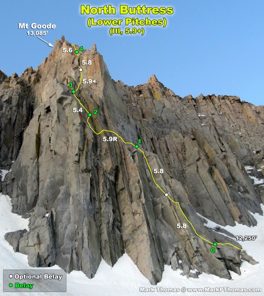 2012-06-16 - North Buttress of Goode just before sunrise.Pitches are a...