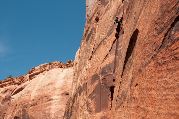 Tim Foulkes on the first free ascent of No Take On The Flake. photo by...