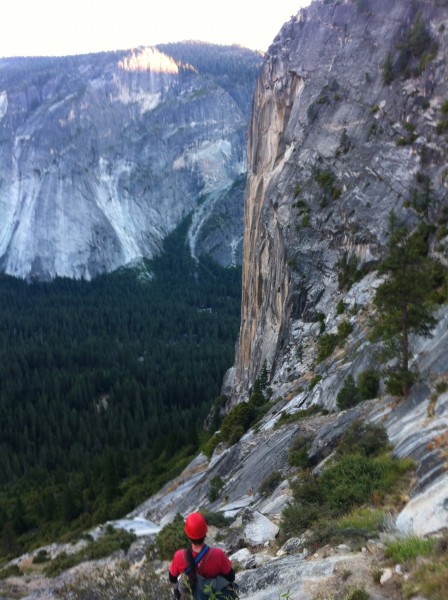 Descent down north dome gully, proudly watching the Column we just sen...