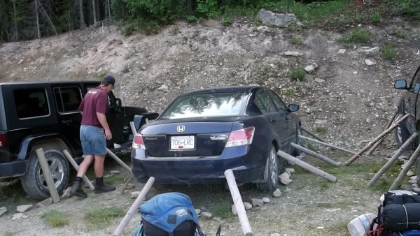 Porcupine-proofing our car.