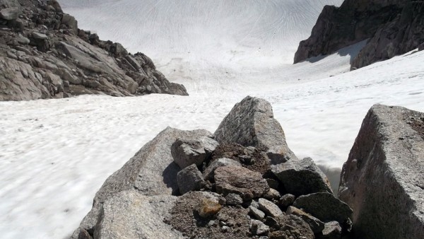 Looking down the col