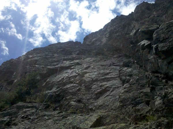 My ropegun at the second belay.  The route goes left up and left to th...