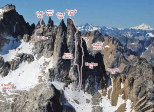Chablis Spire - East Face II 5.6R - Washington Pass, Washington, USA. Click to Enlarge