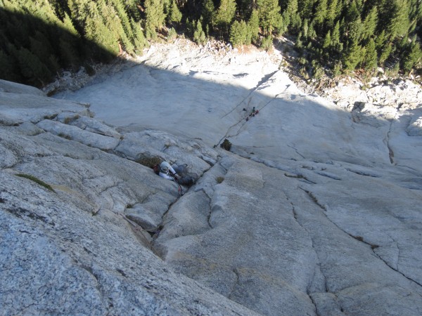 Looking down on the P2 belay.  A 70M rope was crucial, enabling us to ...