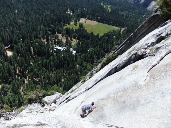 view down to the Ahwahnee from the pendulum pitch