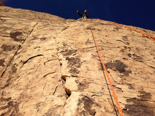 Looking up at the heinous "ear" as Dave lowered me off of pitch 7.