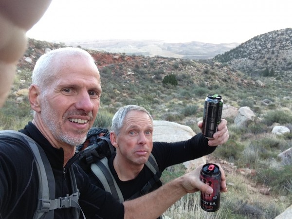 Enjoying our stash of Monster Rehab on the hike back.  Notice it's sti...