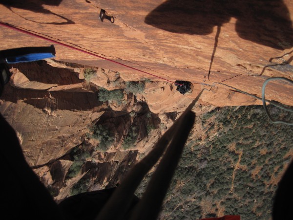 Jugging pitch 5 ... at the top of the bolt ladder and the fixed pin